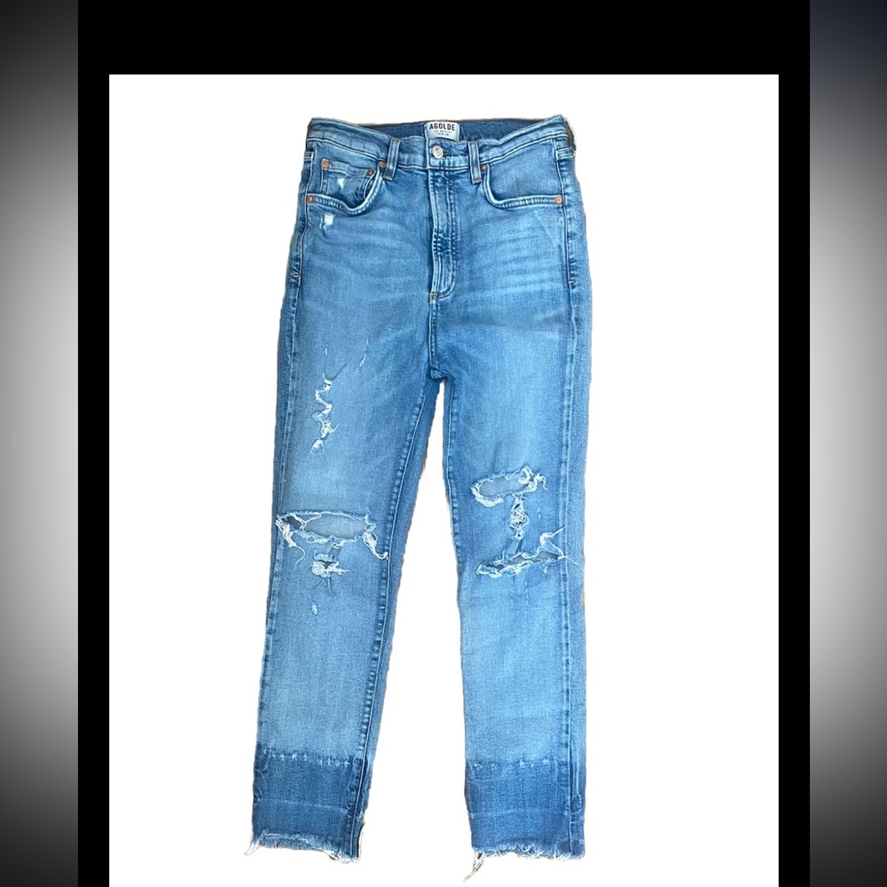 Agolde High Waisted Distresses Cropped Jeans with Raw Hem. Size 28.